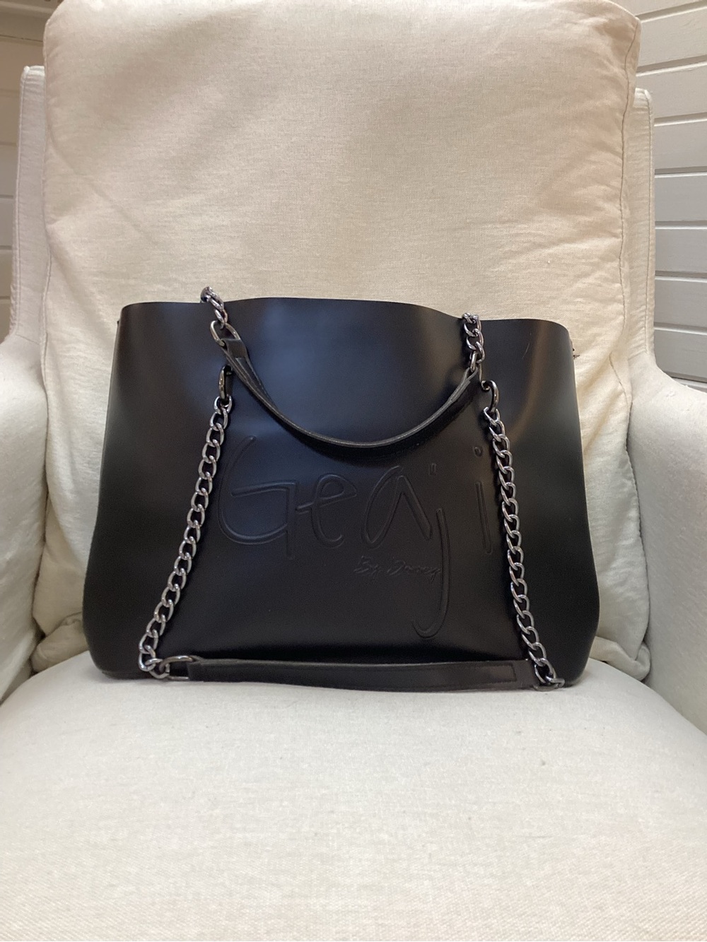 Geaji by Dorsey Black Leather Chain-Handle Tote Bag with Embossed Logo